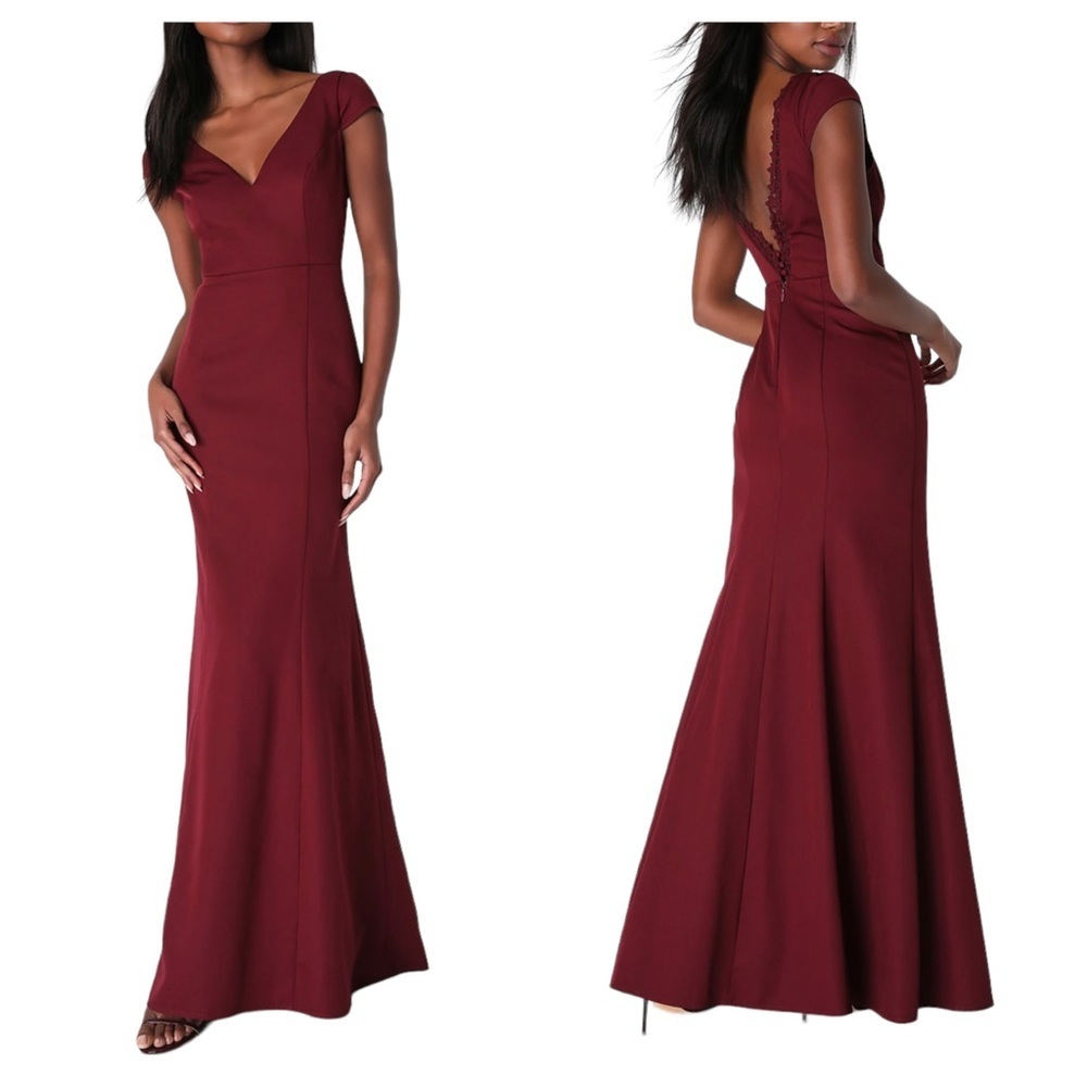 Lulus Love Will Follow Cap Sleeve Mermaid Maxi Dress gown burgundy red MED NWT